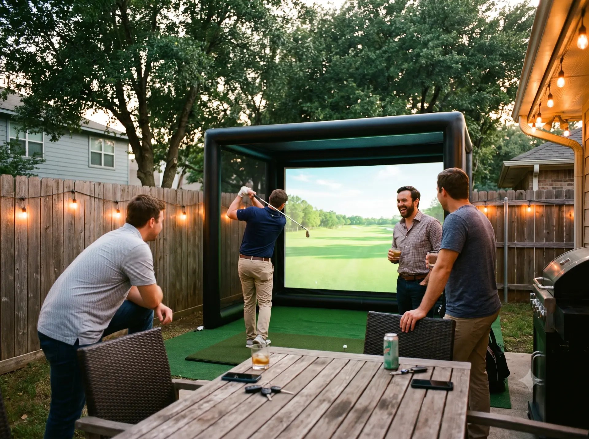 Group warming up on golf sim before a night out