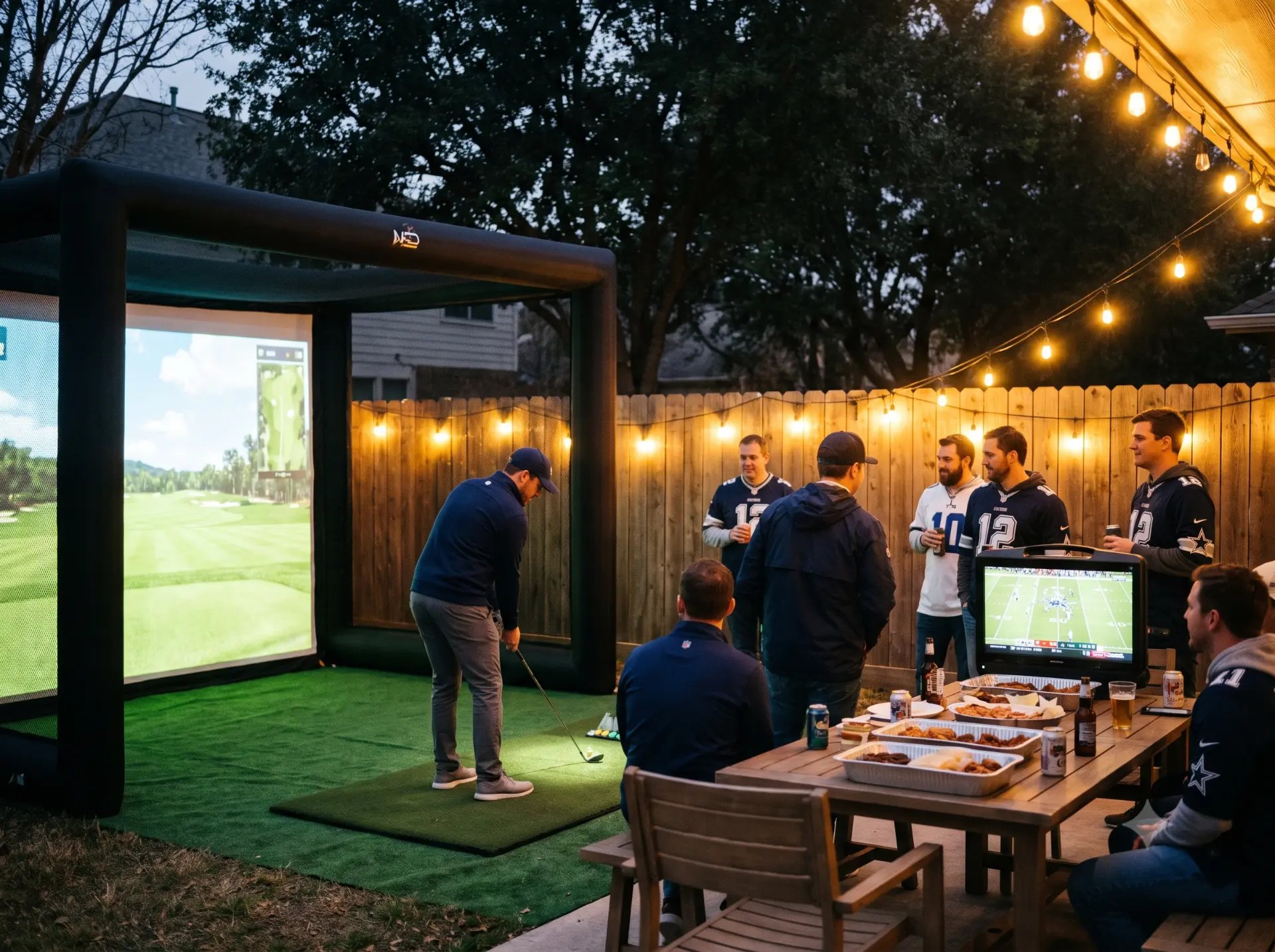 Golf sim next to football watch party on patio