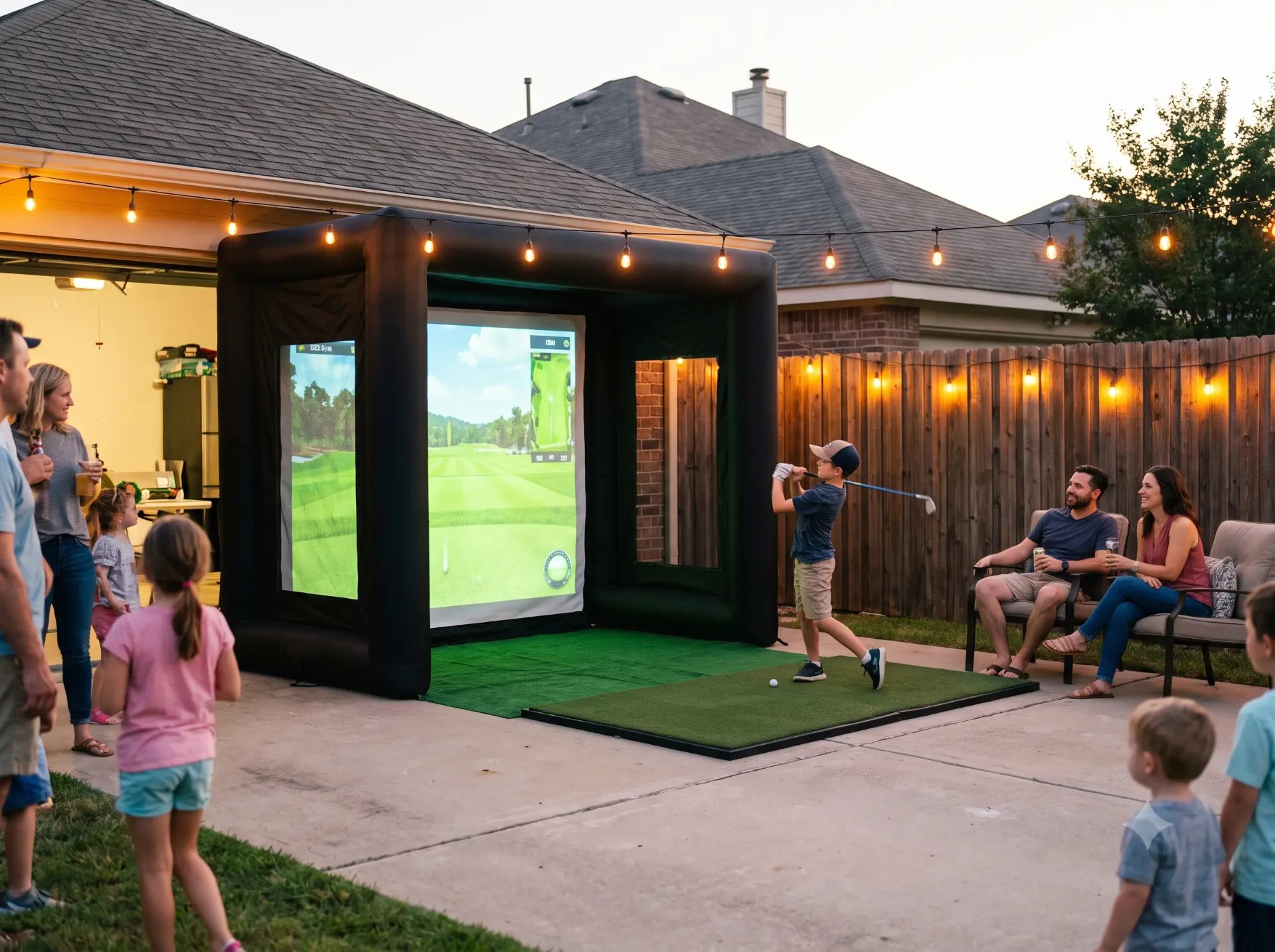 Neighborhood families playing golf sim in driveway